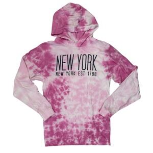 New York Graphic Pink Tie Dye Hoodie Shirt Long Sleeve Small Casual Hippie Light